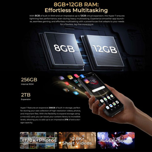  Téléphone robuste HOTWAV Hyper 7, 8 Go + 256 Go, 10 800 mAh, écran 6,6 pouces, Android 14, MediaTek Dimensity 7050 5G, réseau : 5G, OTG, NFC (noir) SH256B681-025